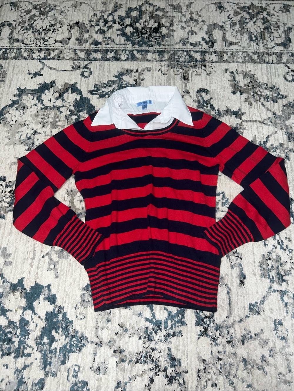 Izod Red and Black Striped Scoop Neck Sweater with Attached White Collar